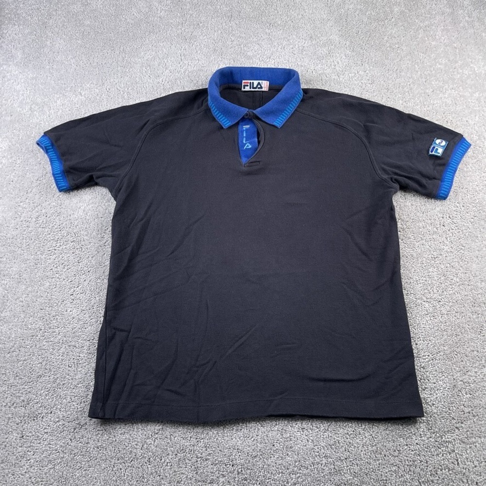 VINTAGE Fila Polo Shirt Mens Medium Black Blue Logo Cotton Ringer‎ Retro 90s